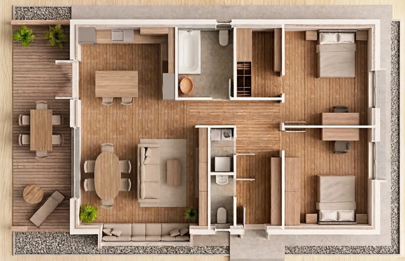 Möblierter Grundriss des 96-m²-Hauses in der Draufsicht