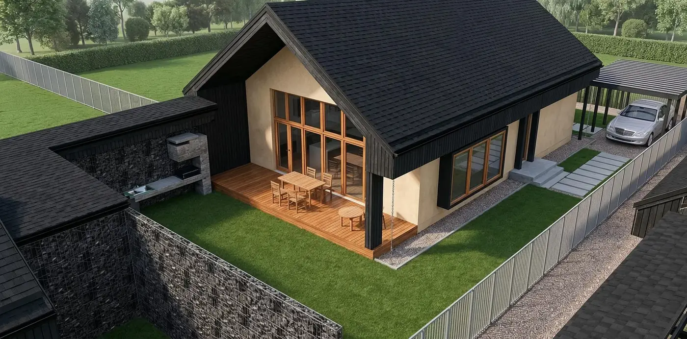 Garten des 96-m²-Hauses von oben: überdachte Terrasse mit Essbereich, Rasengarten, Gartenküchenzeile, Stellplatz