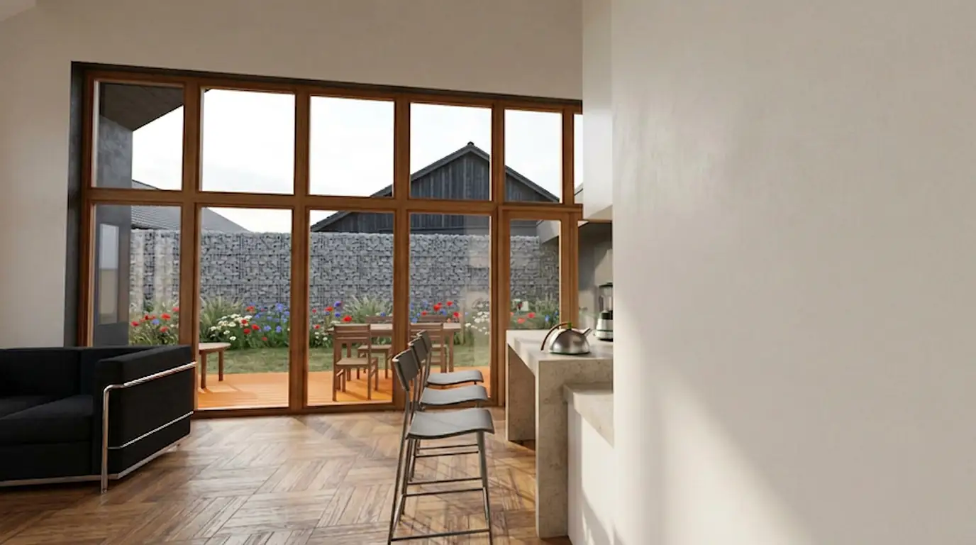 Offener Wohn- und Küchenbereich des 96-m²-Hauses mit Blick zur Terrasse