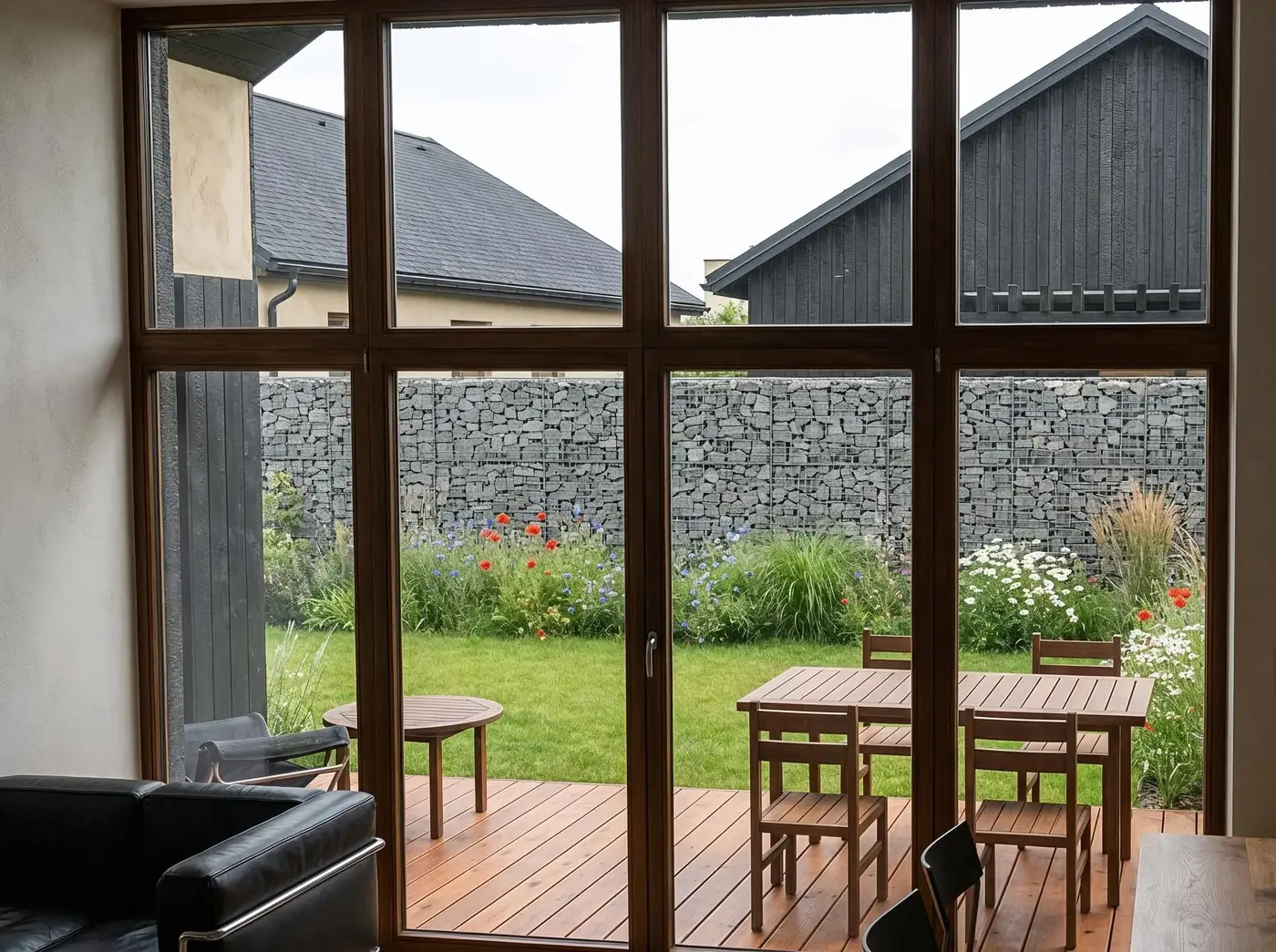 Blick vom Wohnzimmer des 96-m²-Hauses auf die Terrasse und den Wildblumengarten