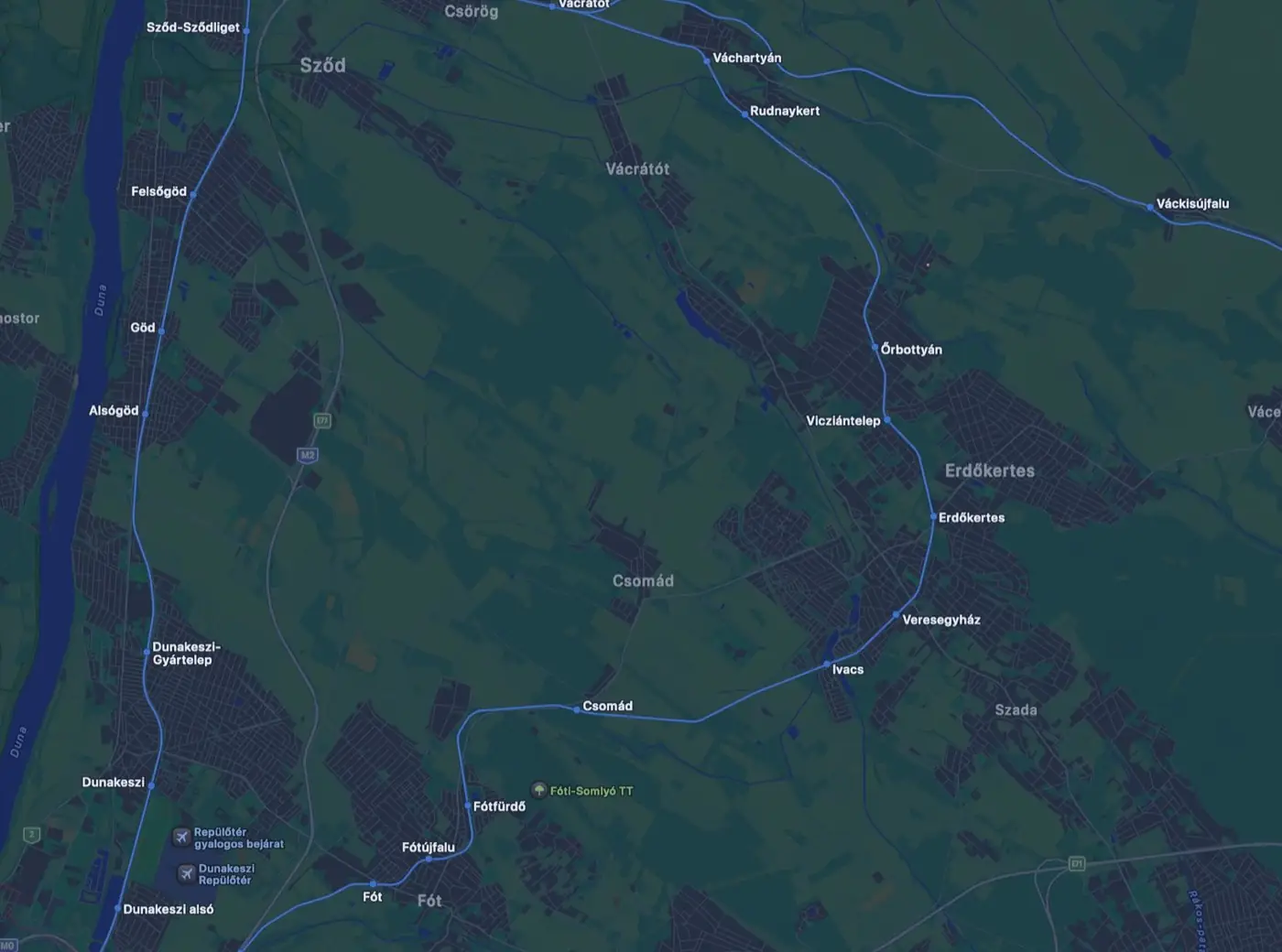 Lage von Őrbottyán im Großraum Budapest, an der Bahnstrecke Budapest–Veresegyház–Vác