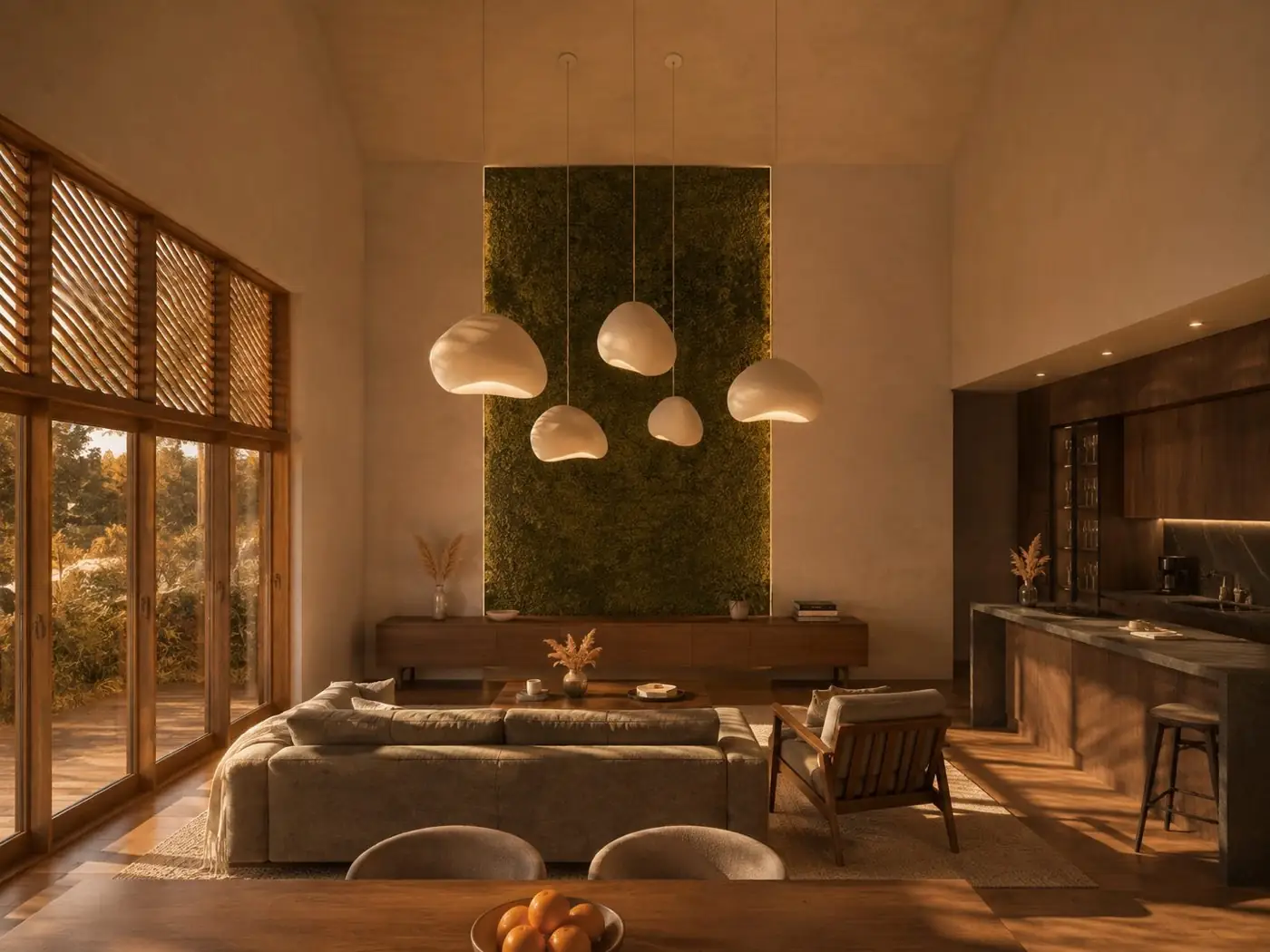 Wohnzimmer im Detail mit grüner Pflanzenwand