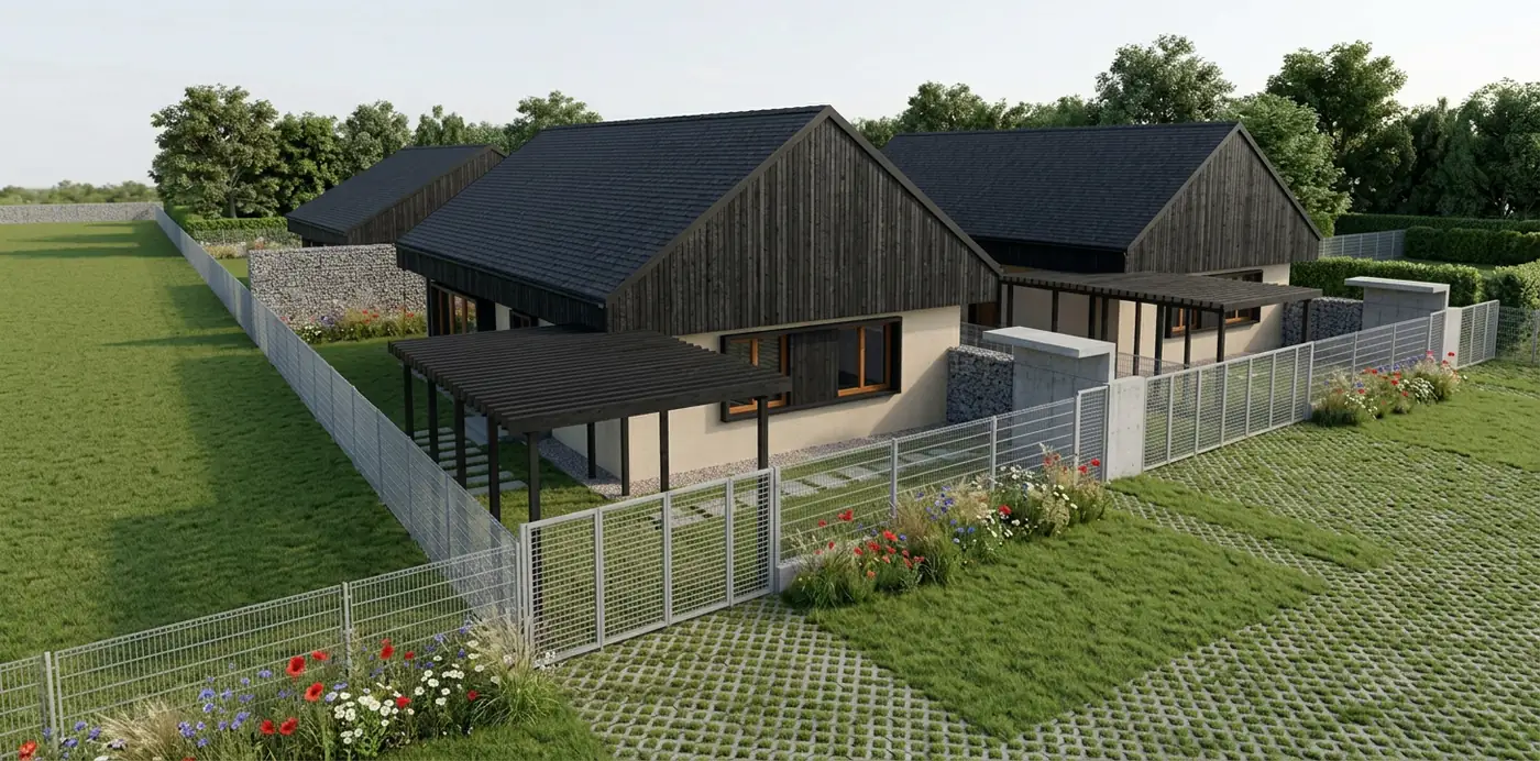 Straßenfront: die beiden straßenseitigen Häuser mit Pergola-Carports und Rasengitter-Einfahrt